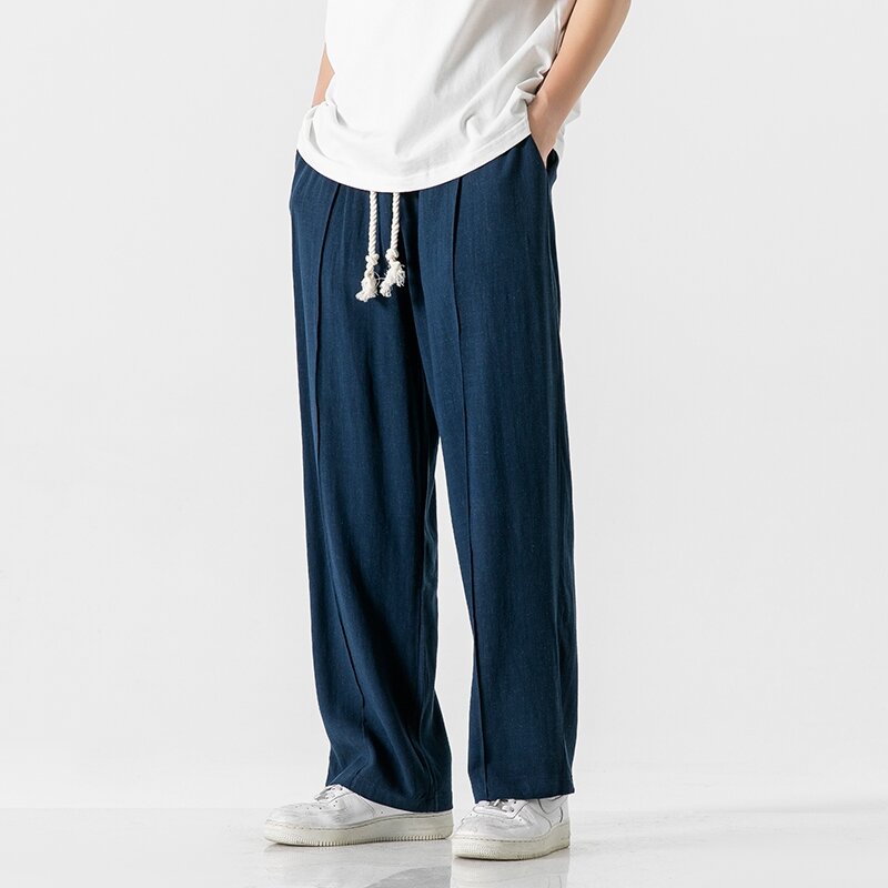 Summer Chinese Style Harem Pants Men Cotton Linen Solid Casual Trousers Mens Loose Lightweight Drawstring Full Length Pants Man