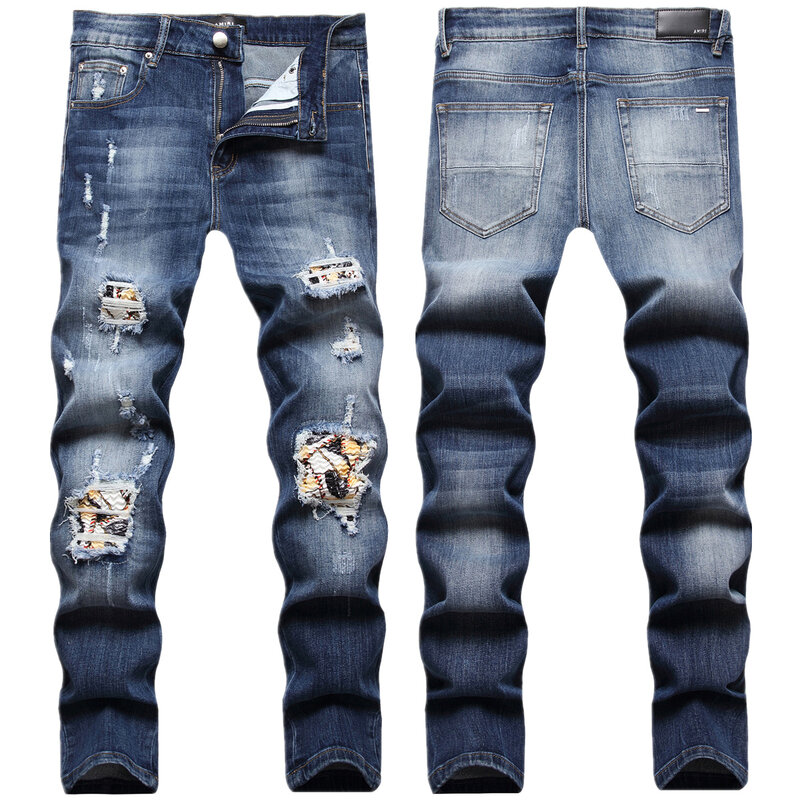 Keriput dan lubang jeans pria peregangan kaki ramping mode grosir produsen penjualan langsung