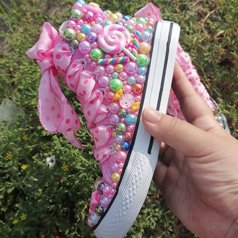 Zapatos de lona con diamantes de imitación hechos a mano para niñas y mujeres, zapatillas de perlas brillantes, fiesta de cumpleaños, boda