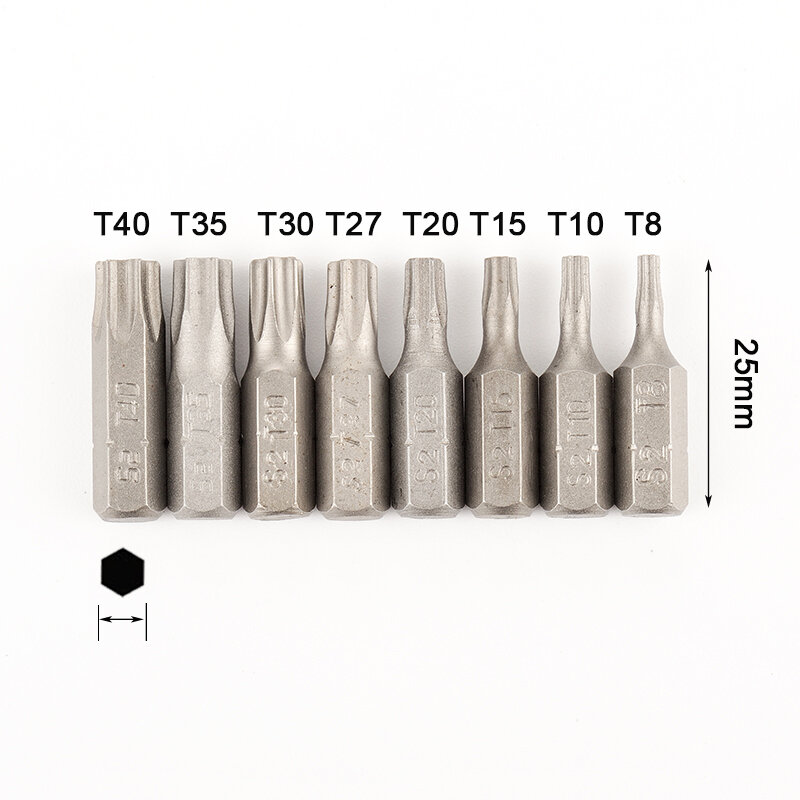 Set di punte per cacciavite Torx lungo 25mm in acciaio legato S2 da 10 pezzi Set 1/4 "codolo esagonale T8 T10 T15 T20 T27 T30 T35 T40 punte per cacciavite