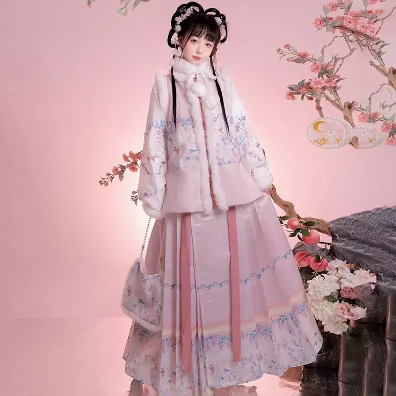 2023 Chinees Nieuwjaar Konijnenjaar Winter Hanfu Ming Dynastie Bijia Chinese Traditionele Borduurwerk Hanfu Kostuum Pluche Ma Mian