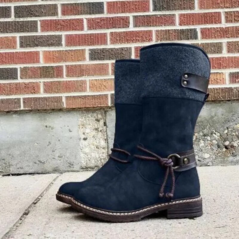 Women Mid-Calf Boots Round Toe Low-Heeled Non-Slip Boots Female Motorcycle Boots Buckle Strap Mid-Calf Boots