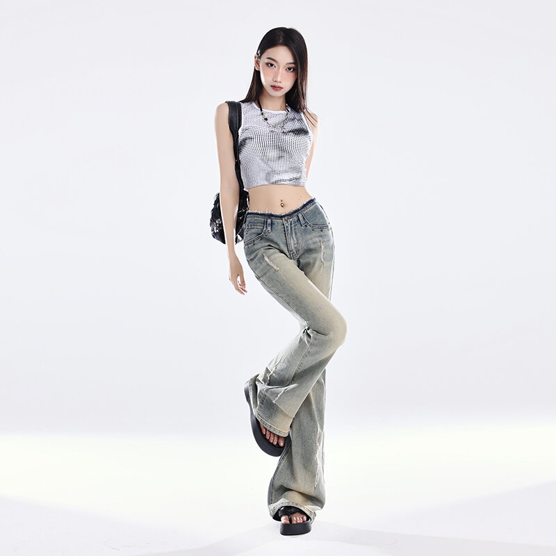 Vintage Streetwear Flare Jeans Women Summer Slim Skinny Denim Trousers Korean Style High Waist Jeans Y2K