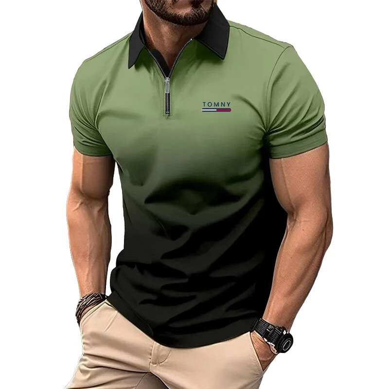Мужская Летняя Повседневная рубашка-поло с коротким рукавом и градиентом, дышащая модная футболка-поло на молнии с отворотом, топ с принтом, новинка 2024