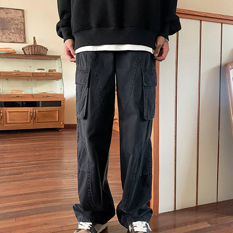 Vintage Baggy Cargo Pants With Pockets For Men Solid Color Wide Leg Loose Long Trousers Fashion Harajuku Streetwear Outwork Pant