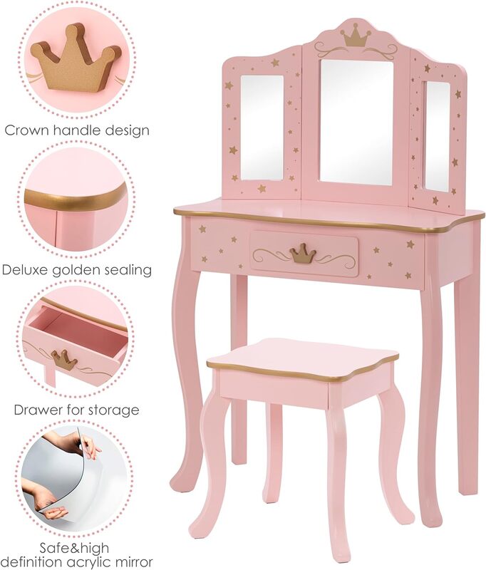 Conjunto de mesa e cadeira infantil com espelho e fezes, Make Up Vanity Desk, Toddlers, 66% de desconto