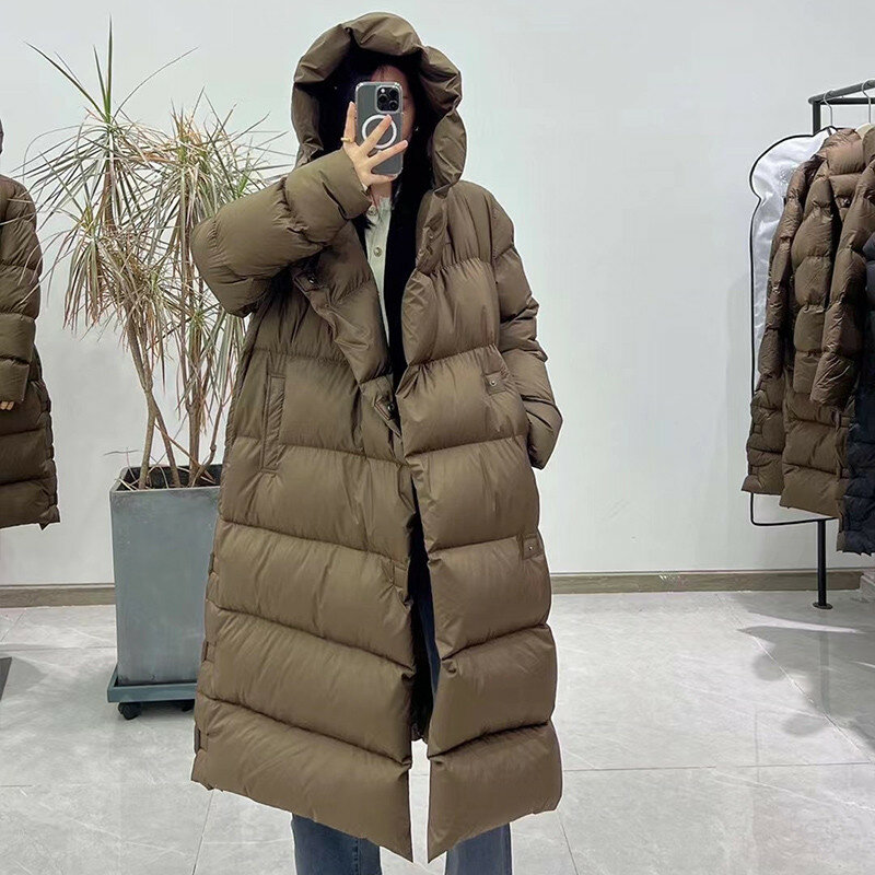 Frauen Übergroßen Langen Gans Unten Mantel Gewickelt Mit Kapuze Puffers Mode Winter Warme Kleidung Komfort Weibliche Verdickt Mantel Damen