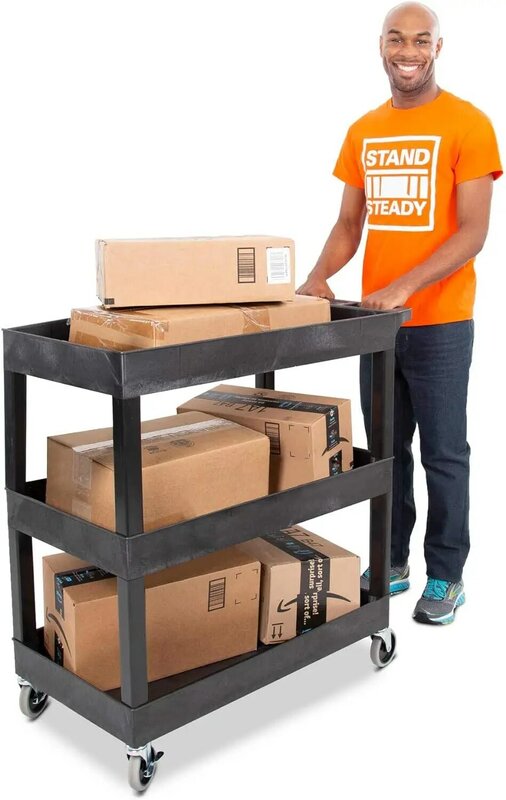 Carrinho de serviço plástico para escritórios, 3 Shelf Utility Push Cart, suporta até 300 lbs, constante