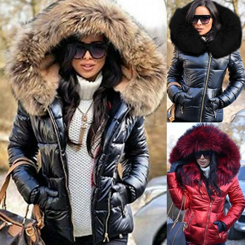 Abrigo cálido con cremallera para mujer, abrigo de piel sintética con capucha para exteriores, Parka de plumón para Otoño e Invierno