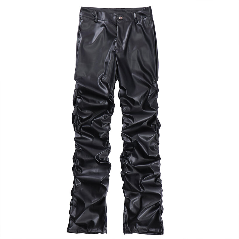 Hip Hop Mens Pu หนังกางเกง Harajuku Retro Streetwear หลวม Ruched ลำลองตรงกางเกงสีกางเกงสีดำ