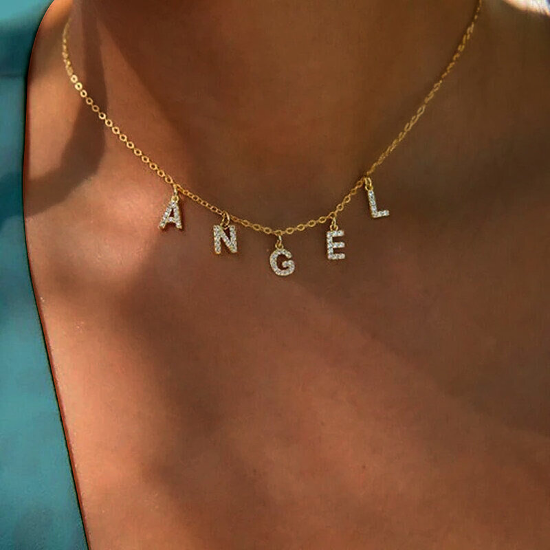 Colar personalizado com nome personalizado para mulheres, letra inicial pingente, colar de zircão, aço inoxidável, jóias por atacado