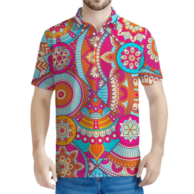 Kaos Polo pola Mandala Pria Wanita, Multi warna, T-shirt kasual lengan pendek Bohemian cetak 3d musim panas