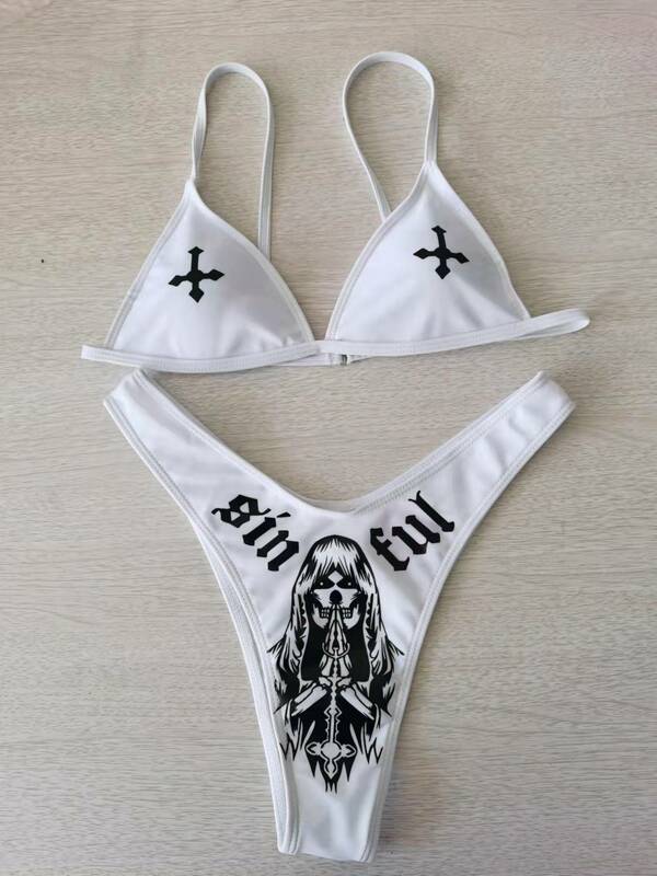 Gothic Sexy Bikini Set Vrouwen Tweedelig Badpak Cross Skull Print Y 2K Strandpak Badpak Badkleding