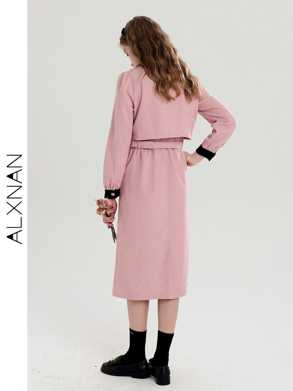 ALXNAN 2024 여성용 핑크 원피스 라펠 긴팔 벨트, 싱글 브레스트 캐주얼 여성 복장, 오피스 레이디 원피스 T00915