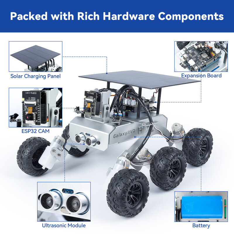 SunFounder Galaxy RVR Mars Rover Kit, Robot de vídeo inteligente para coche, Compatible con Arduino Uno R3 con cámara ESP32, baterías incluidas
