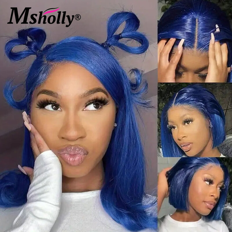 Pelucas de cabello humano 100% para mujeres negras, pelo corto recto brasileño con encaje Frontal transparente, color azul zafiro, 13x4