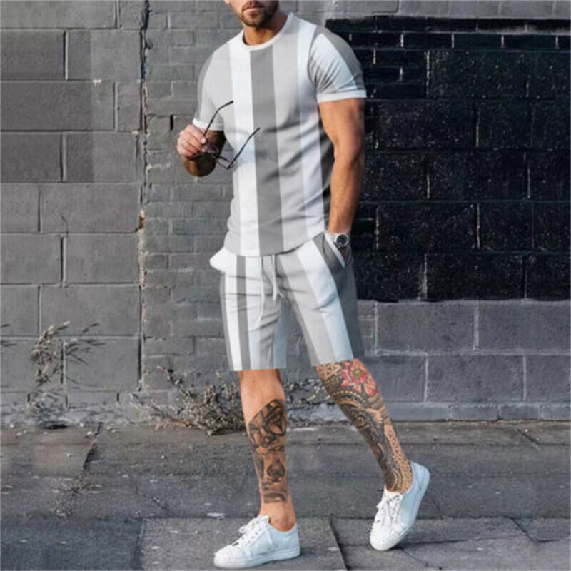 Summer New 3d Men's Full Body Printed T-Shirt Set Casual Fashion Luxury Style Full Set Of Clothes Street Wear Drawstring Shorts