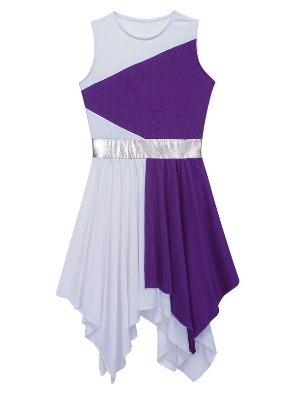 Детское Ассиметричное платье контрастных цветов с круглым вырезом для девочек