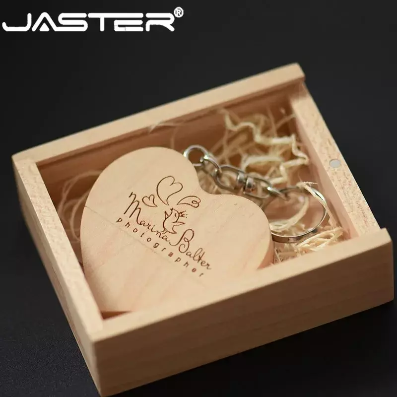 JASTER logo personalizzato gratuito cuore in legno di noce + confezione regalo chiavetta USB Pendrive creativo 8GB 16GB 32GB 64GB Memory stick U disk