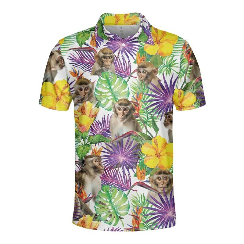 Nadruk małpy koszulka Polo 3D dla mężczyzn modna, z klapami koszule z krótkim rękawem Oversized Casual Golf bluzka koszule na guziki śmieszne koszulki koszulki