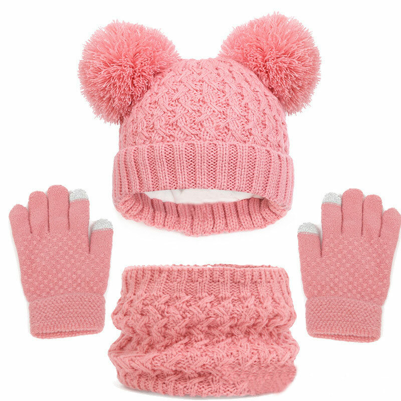 Knitted Baby Hats Scarf Set Winter Neck Scarves Beanie Caps For Boy Girls Cute Hat Scarf and Gloves 3pcs Suit For Kids 1-6years