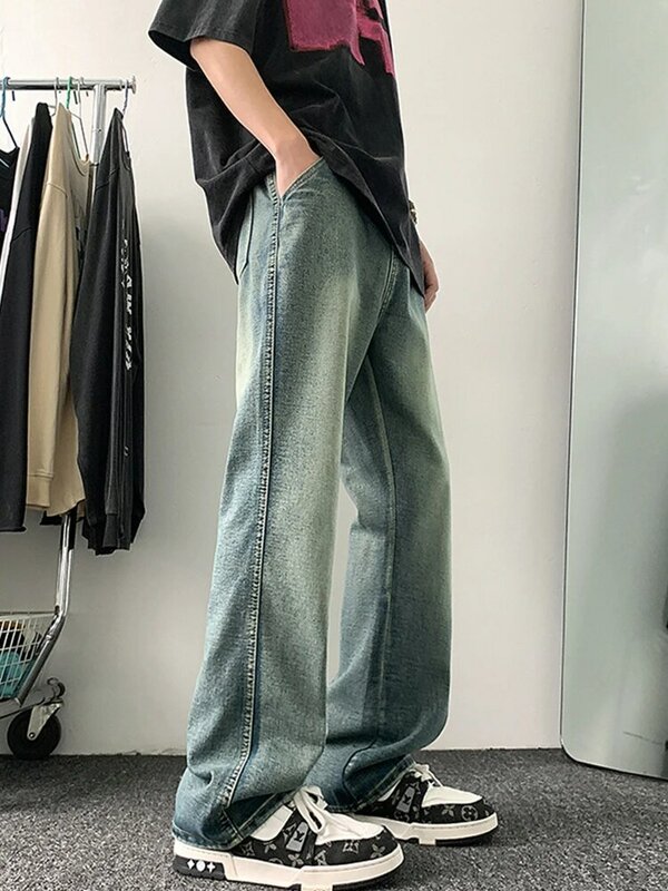 2024 nowe letnie męskie jeansy rozkloszowane koreańskie główna ulica mody niebieskie w stylu Retro szerokie nogawki casualowe spodnie jeansowe proste luźne spodnie dżinsowe