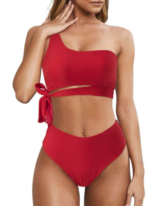 Bikinis Badeanzug mit hoher Taille Frauen Push-up Bikini zweiteiligen Badeanzug eine Schulter Bade bekleidung Schwimmbad Badeanzug
