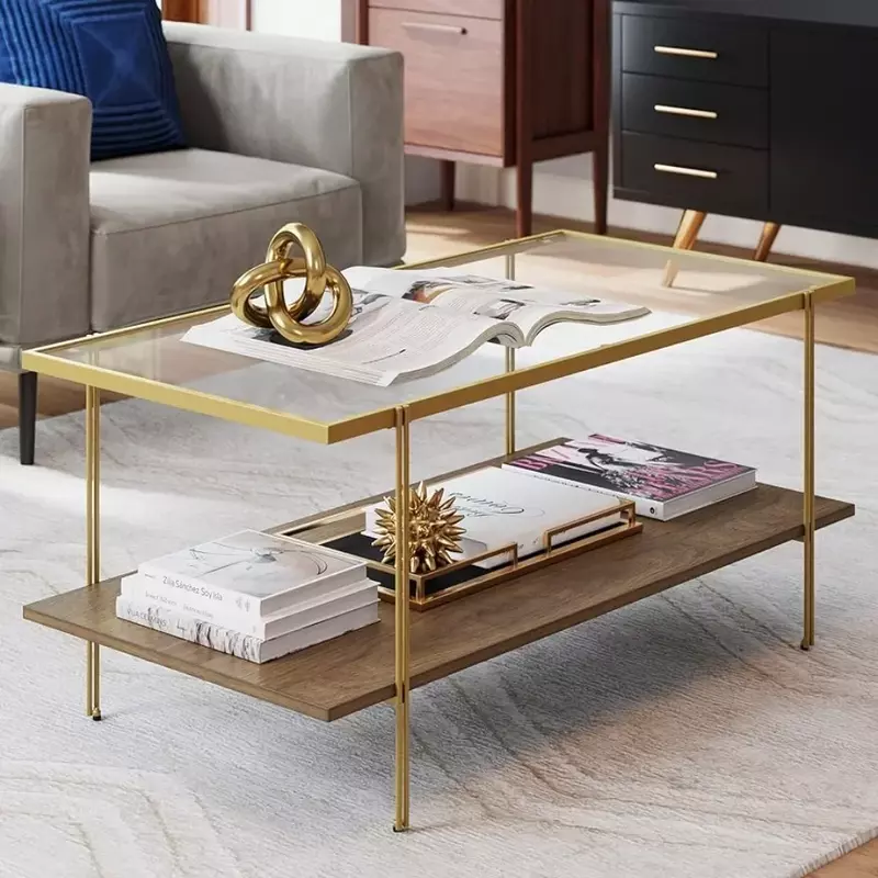 OEING Nathan James Asher Mid-Century Rectangle Coffee Table Glass Top and Rustic Oak Storage Shelf with Sleek Brass Metal Legs
