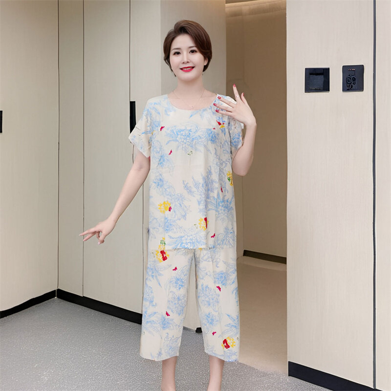 Mittleren Alters Mutter Pyjama Sets drucken Baumwolle Nachtwäsche Kurzarm Capri Hosen Anzug Frauen Sommer Nachtwäsche Home Kleidung XL-5XL