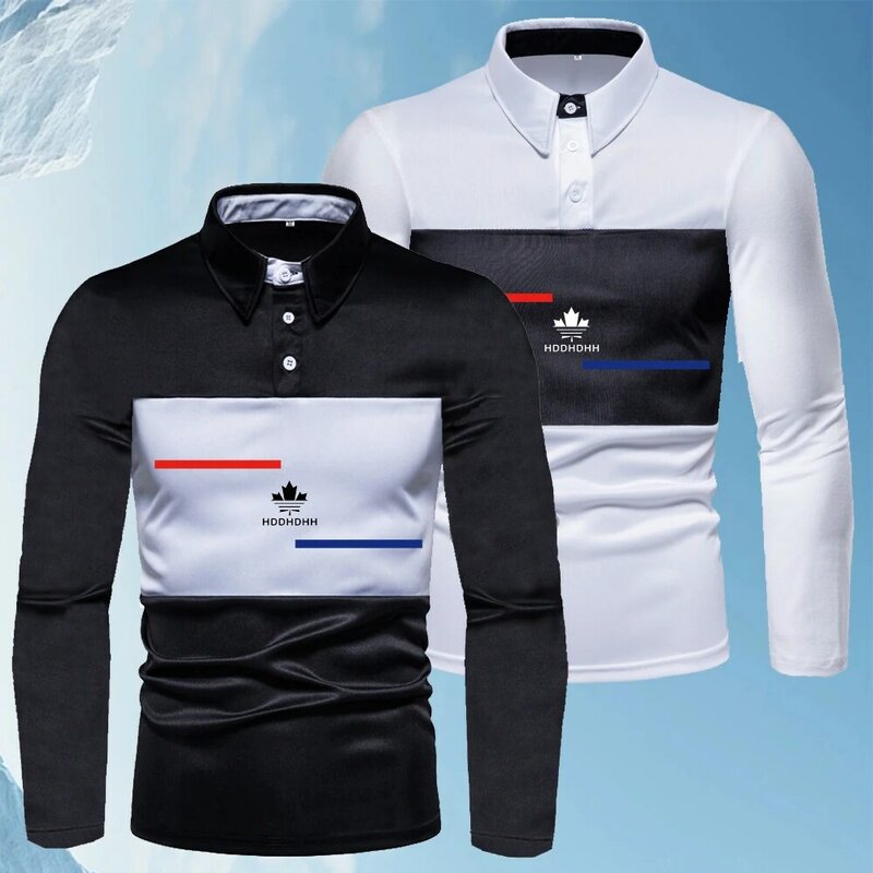 HDDHDHH Brand Print Lapel T-shirt New Men's Classic Black and White Polo Shirt Long Sleeve Spring and Autumn Casual Top