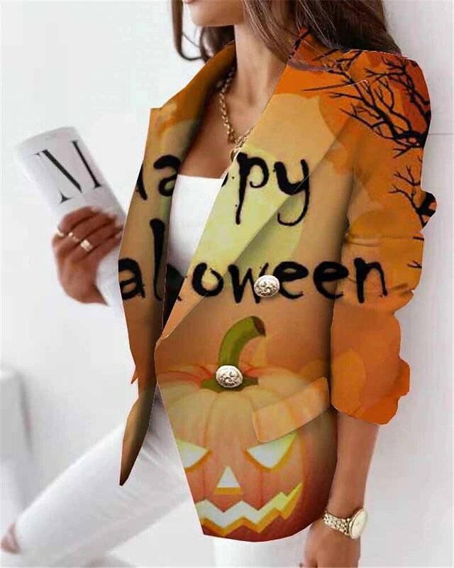 Chaqueta con estampado de calabaza de Halloween para mujer, doble botonadura transpirable con ropa de abrigo, informal, manga larga, otoño