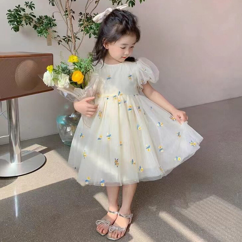 2022 neue Korea Mädchen Sommer Herbst Langarm Kleid Rosa Engel Flügel Puff Hülse Mode Kinder Kleid Bekleidung Kind der kleidung