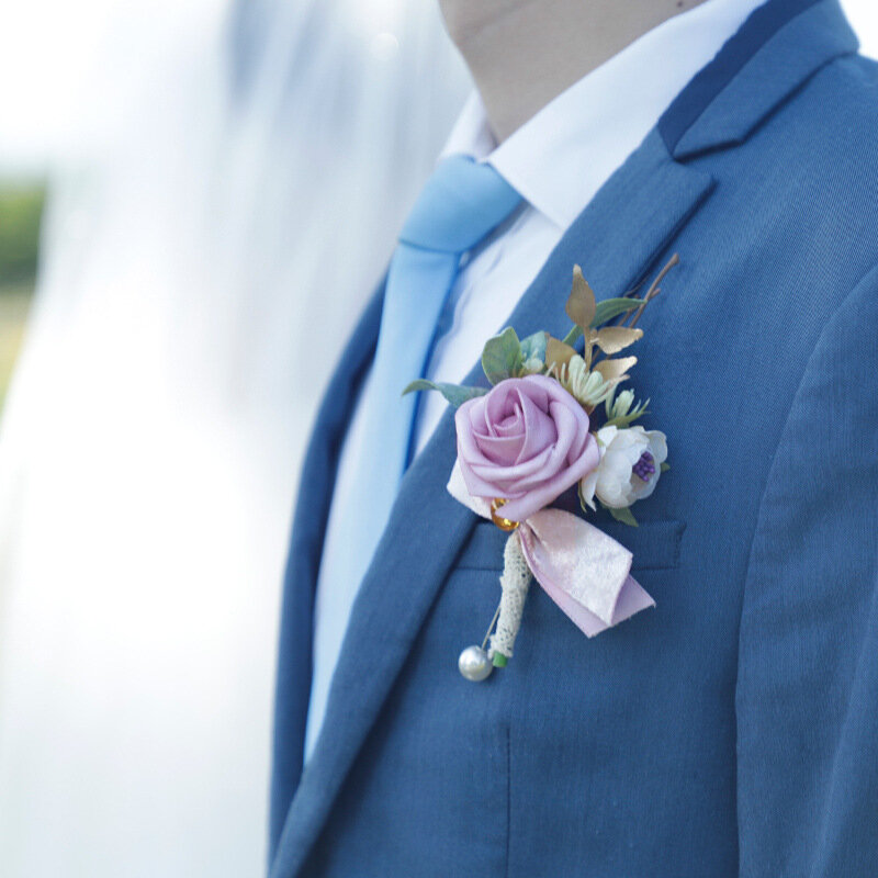 Boutonnière Rose PE pour marié, 2 pièces, fait à la main, Corsage floral à la mode, décor de fête de mariage, Festival formel, bal