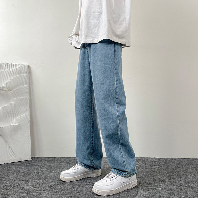 Celana panjang Jeans lurus tipis pria, celana panjang Jeans gaya Amerika longgar jalanan tinggi bersaku Y2K musim panas dan semi