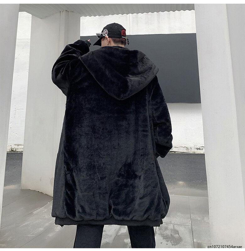 Zimowe długi, w stylu Oversized czarne ciepłe grube miękkie puszyste płaszcz ze sztucznego futra mężczyzn z kapturem na zamek luźna koreańska moda 2023