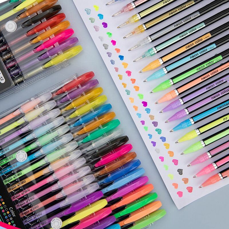 12 Kleur/Set Glitter Schets Tekening Kleur Pen Markers Gel Pennen Set Bijvullen Rollerball Pastel Neon Marker Kantoor School Briefpapier