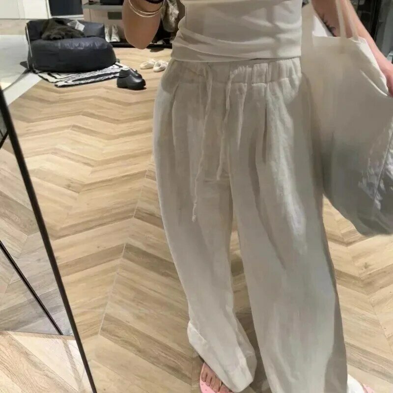 Deeptown White Basic Linen Women Pants Elastic Waist Harajuku Korean Fashion Baggy Trousers Female Thin Oversized Casual Summer