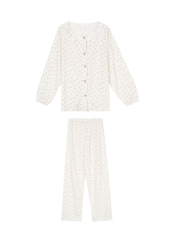 Süß bedruckter Spitzen kragen Home Anzug für Frauen Frühling neue Langarmhose 2 Stück Pyjama lässige Strickjacke weibliche Home Nachtwäsche