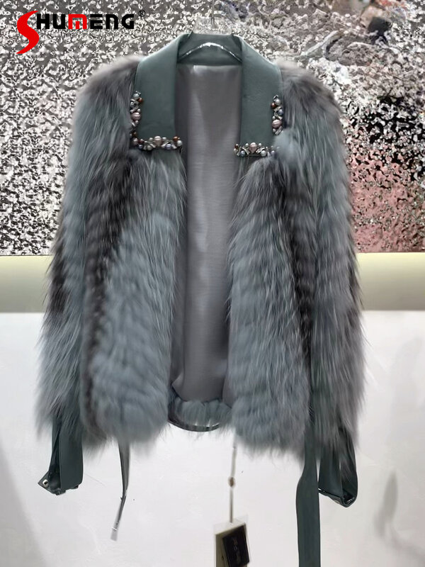 Fashionable 2023 New Fox Fur Fur Coat Women's Beaded Young Long Sleeve Coat Nice Elegant High Street Exquisite Trendy Coats