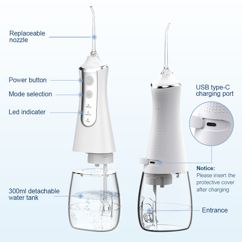 Dental Oral Irrigador Água Flosser, Thread Teeth Pick, Máquina de lavar a boca, 5 bicos, 3 modos, USB recarregável, 300ml Tanque