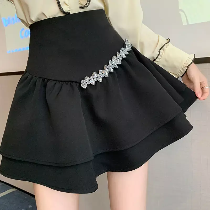 Милая универсальная юбка в Корейском стиле с оборками и бриллиантами, летняя новая Элегантная Модная школьная мини-юбка А-силуэта с высокой талией