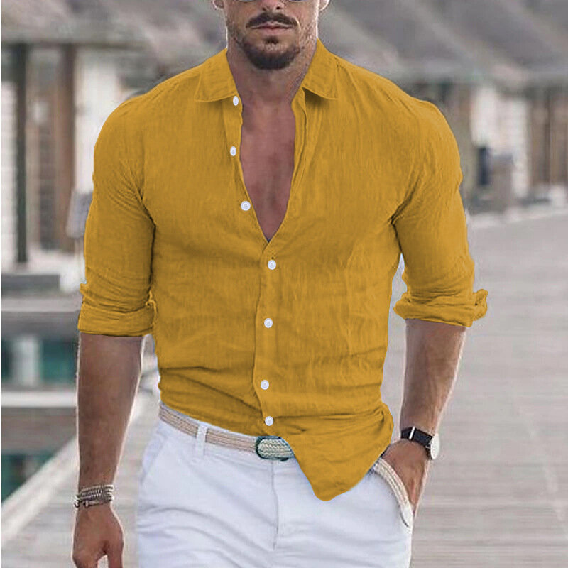 Camisa de manga larga de lino y algodón para hombre, ropa informal, suelta, suave y transpirable, solapa, color sólido, elegante, a la moda