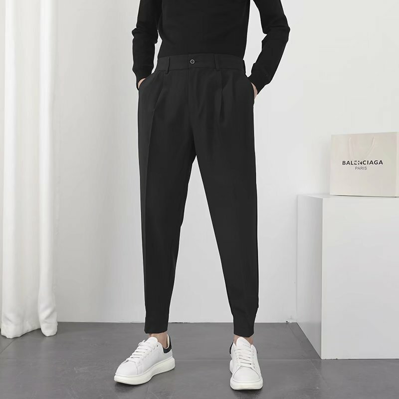 Moda masculina calças casuais cintura elástica pequenos pés fino estilo coreano plissado afilado masculino blazer calças streetwear