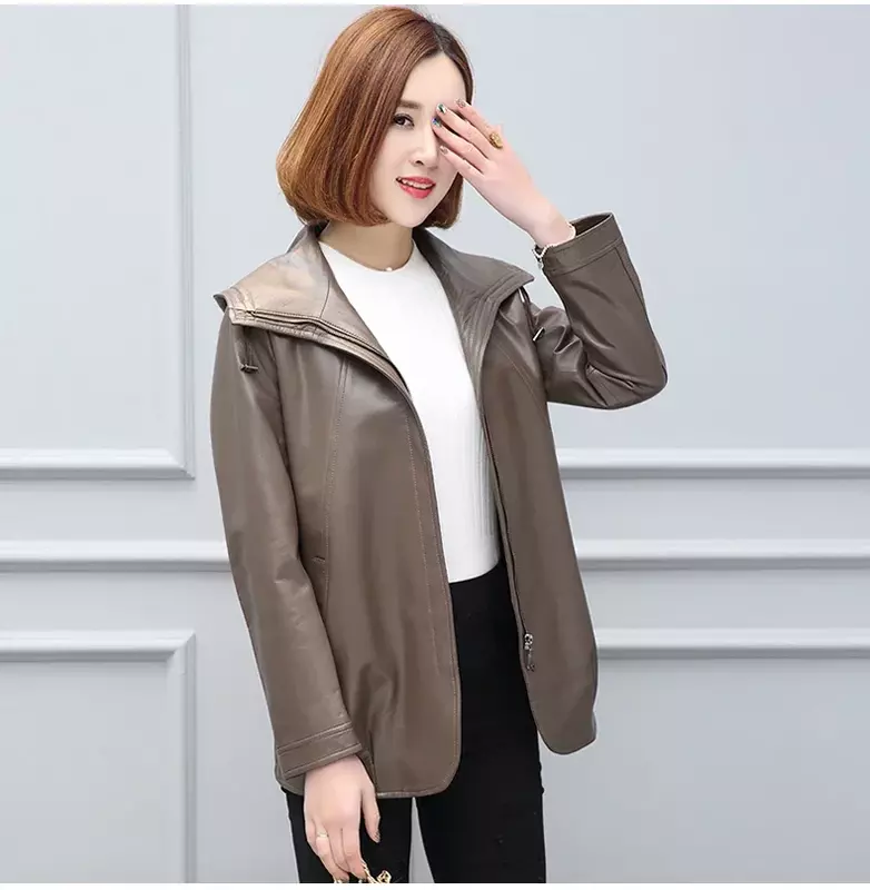 Jaket kulit asli bertudung kasual jaket kulit domba asli wanita untuk wanita 2024 mantel kulit musim semi musim gugur