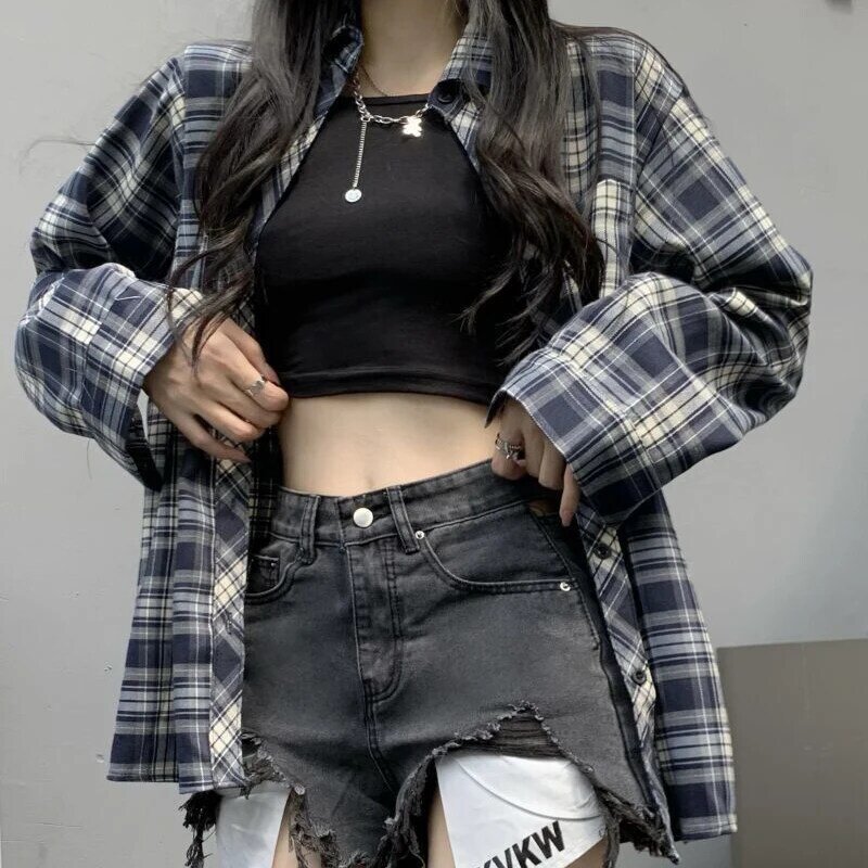 GIDYQ-Chemise à carreaux à manches longues pour femmes, haut décontracté coréen, chemisier tout assressenti, mode d'été, chaud et doux, Harajuku Y2K
