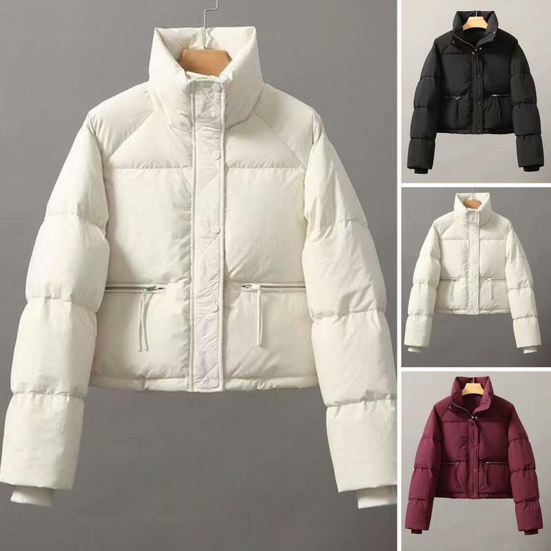 Casaco feminino de algodão de inverno, jaqueta feminina, espessado, acolchoado, gola alta, proteção do pescoço, curto, à prova de vento, retenção térmica