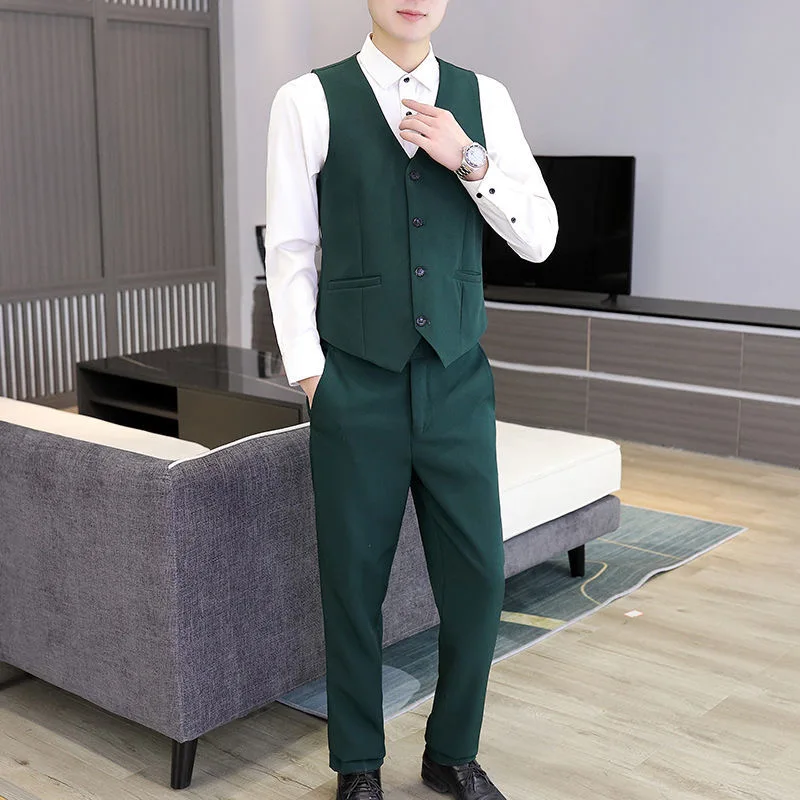 slim fit trousers, solid color trousers, men's British style vest, trousers, groomsmen group