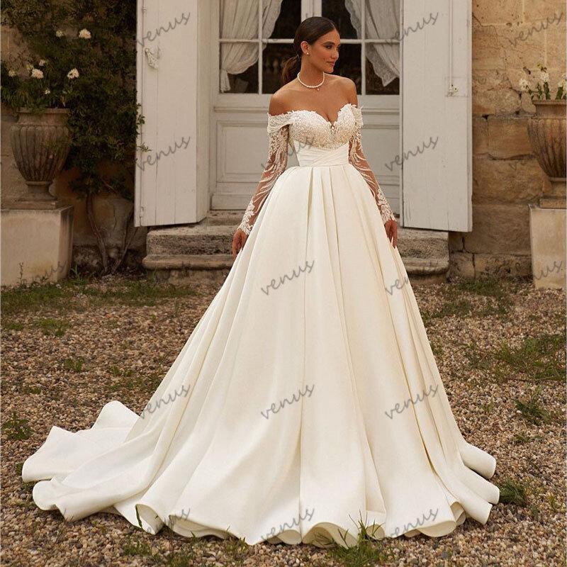 Gaun pernikahan Modern gaun pesta Satin model A-Line jubah pengantin bahu terbuka panjang lantai lengan penuh Vintage Vestidos De Novia