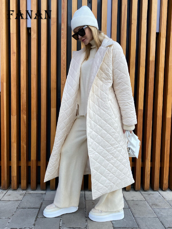 Mantel musim dingin untuk wanita padat hangat sabuk panjang parka 2022 mode elegan pola belah ketupat jaket Bawah tebal kasual pakaian luar wanita