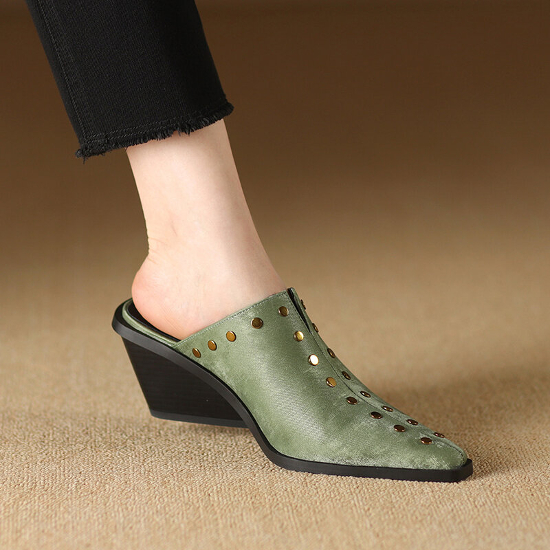 2024 Baotou Half Slippers Women's Small Square Head Slope Heel High Heel Cool Slippers Fashion Outwear Thick Heel Lazy Muller